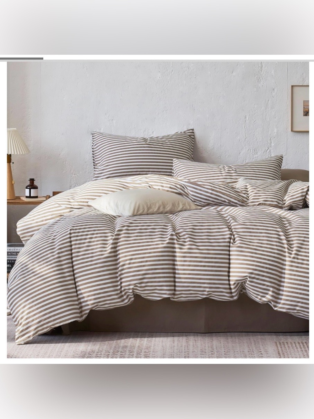 FULL Striped Duvet 3Pc Set with Zipper & Corner Ties 100% Cotton - TAN & WHITE